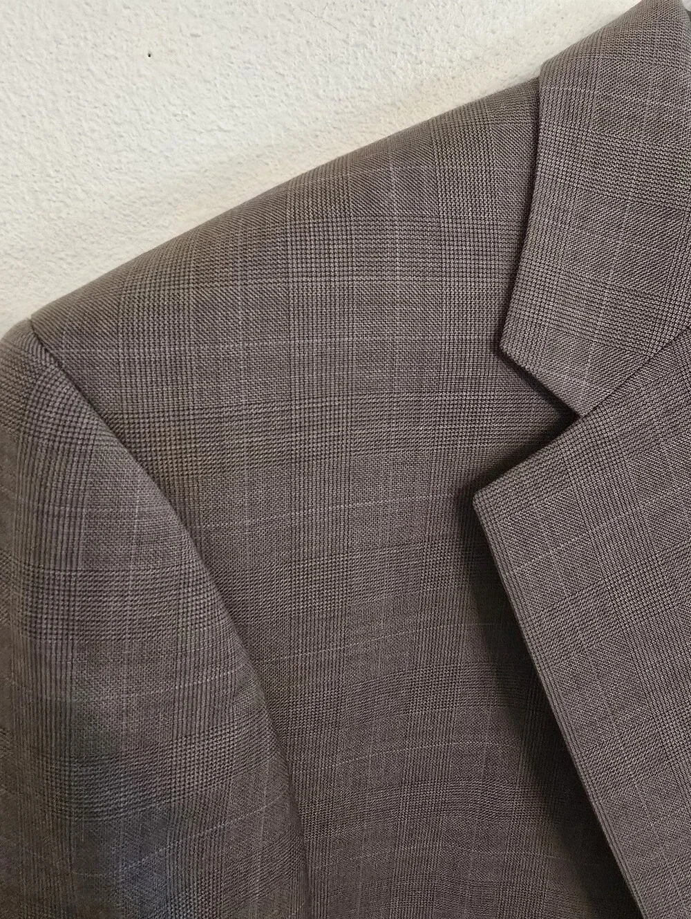 Jos. A. Bank Signature Wool Tan Beige Blue Stripe Plaid 40R Blazer Sport Coat